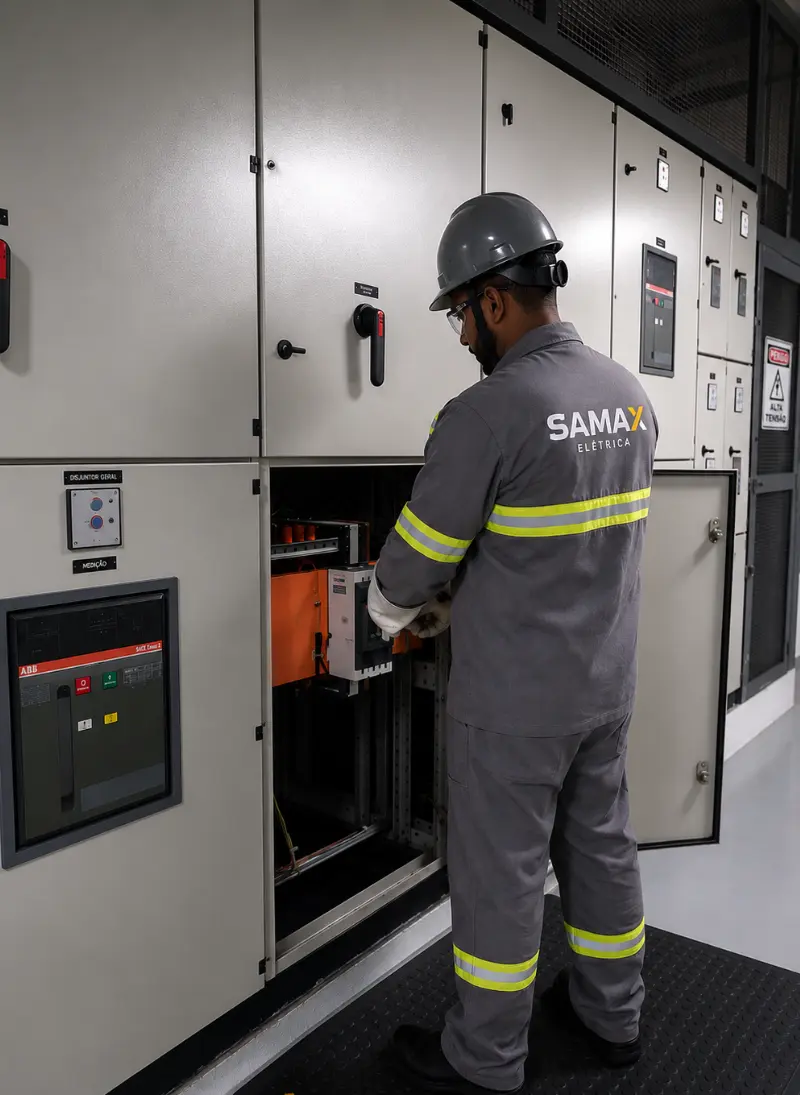 samax-eletrica técnico trabalhando na manutenção de um disjuntor de baixa tensão